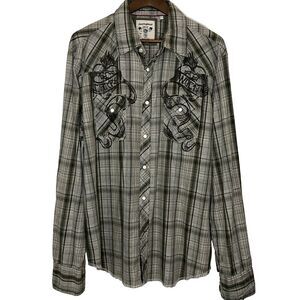 GUESS Vintage Men's Pearl Snap Button Down Western Shirt Y2K Art Green Plaid  XL